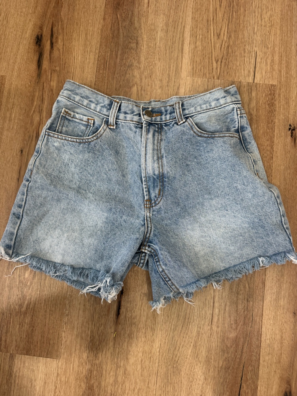 High-Rise Light Wash Denim Jean Shorts with Frayed Hem